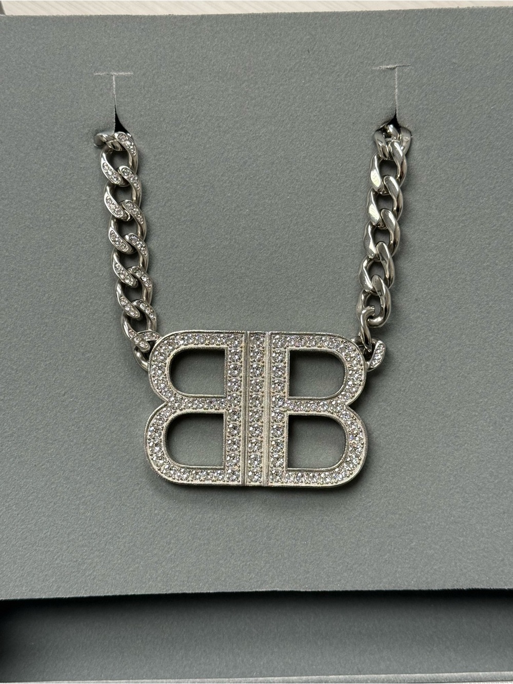 BALENCIAGA Silver Crystal Double B Pendant Necklace NEW
